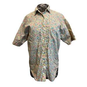 Vintage 90s Shirt Button Up Collar Short Sleeve Floral Yellow Pink Blue Cotton M